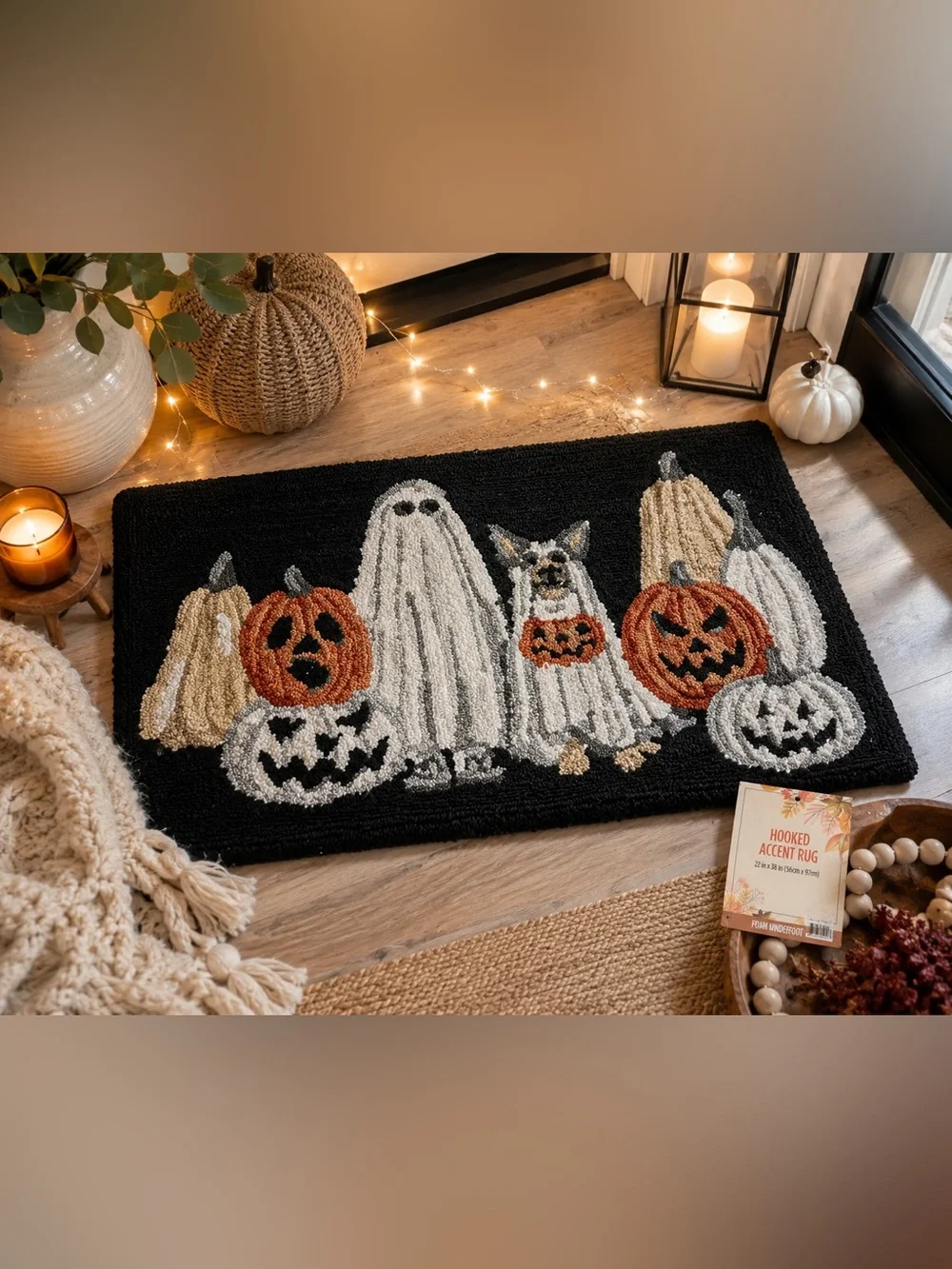 Halloween Hooked Accent Rug Ghost Dog Jack-O’-Lantern Bath Mat 22x38 Foam Backed